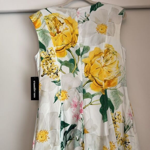 Karl Lagerfeld NWT Cap Sleeve Yellow Floral V Neck Midi A-Line Dress Size 12 New - Picture 6 of 7